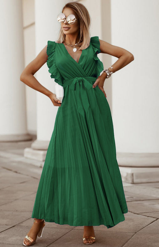 Maxi Dress with Lotus Leaf Sleeves and Pleated Chiffon Design Maxi Dresses MyDresses Forest Green 8 | S 