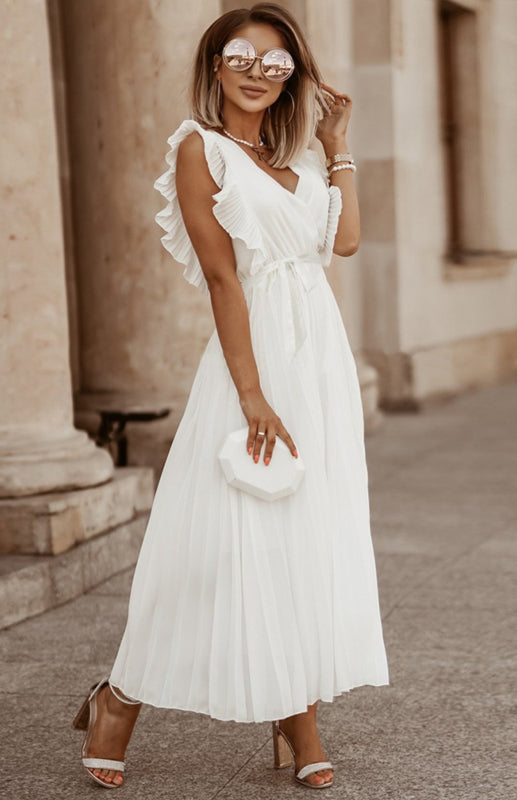 Maxi Dress with Lotus Leaf Sleeves and Pleated Chiffon Design Maxi Dresses MyDresses Off White 8 | S 