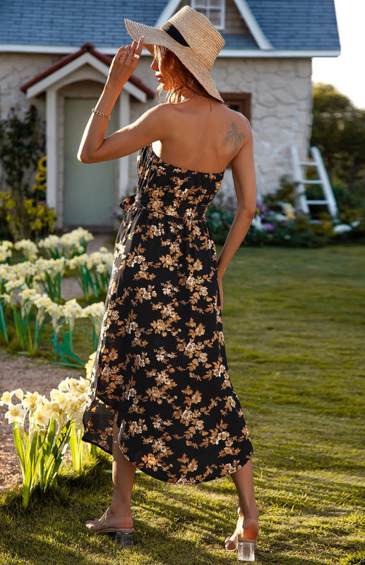 Strapless Floral Print Midi Dress with Wrap Chest and Cinched Waist Midi Dresses MyDresses 