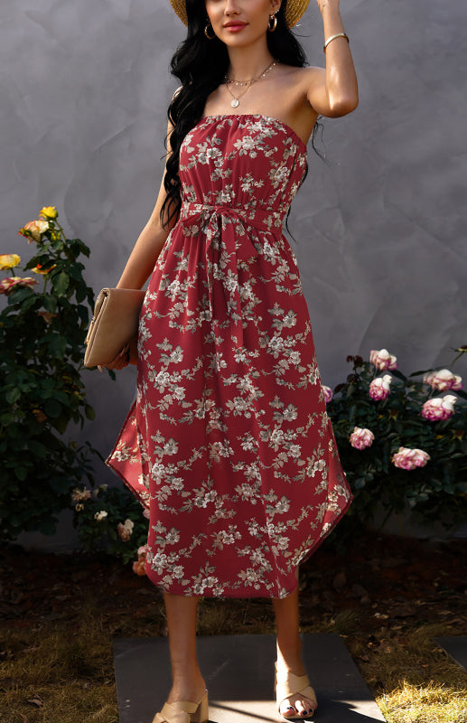 Strapless Floral Print Midi Dress with Wrap Chest and Cinched Waist Midi Dresses MyDresses Red 8 | S 