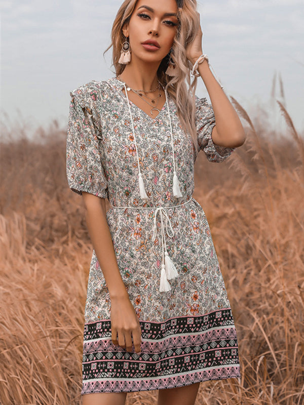 Floral Mini Dress with V-Neck Tie and Fringe Details Mini Dresses MyDresses 