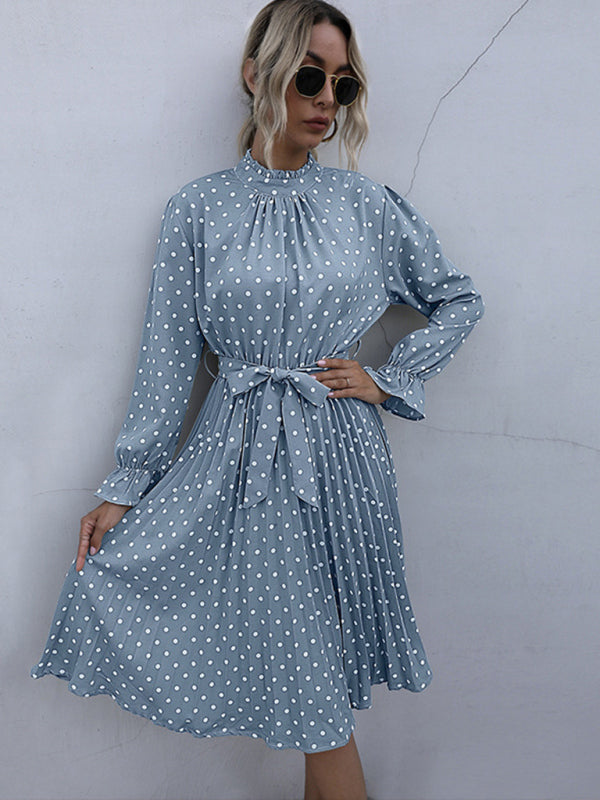 Polka Dot Pleated Turtleneck Dress with Long Sleeves Group3 MyDresses Grey 8 | S