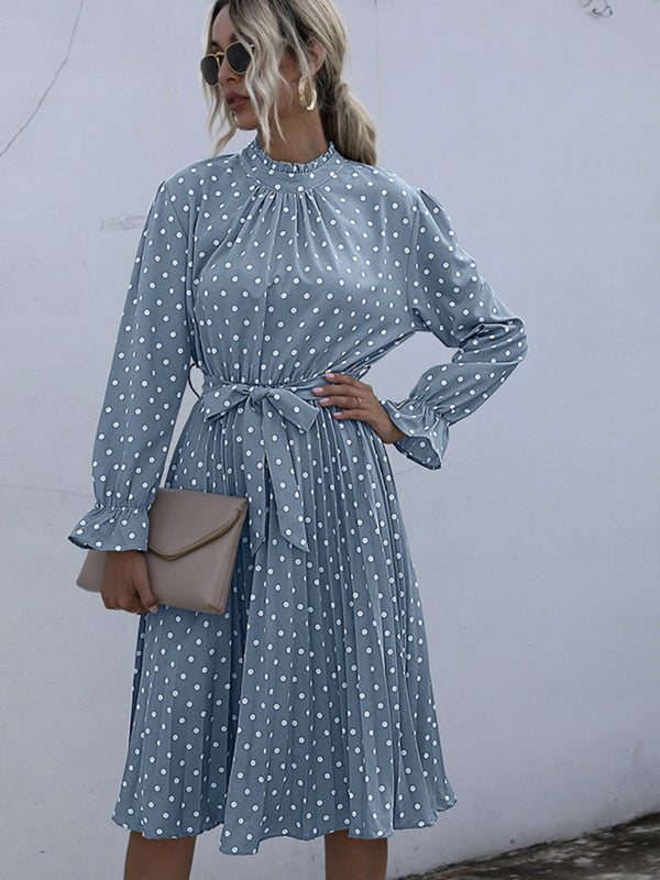 Polka Dot Pleated Turtleneck Dress with Long Sleeves Group3 MyDresses