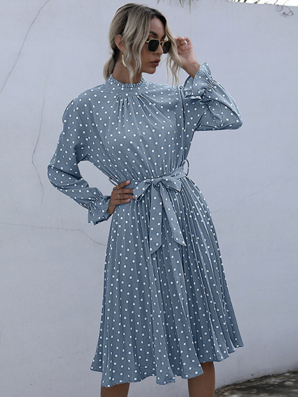 Polka Dot Pleated Turtleneck Dress with Long Sleeves Group3 MyDresses