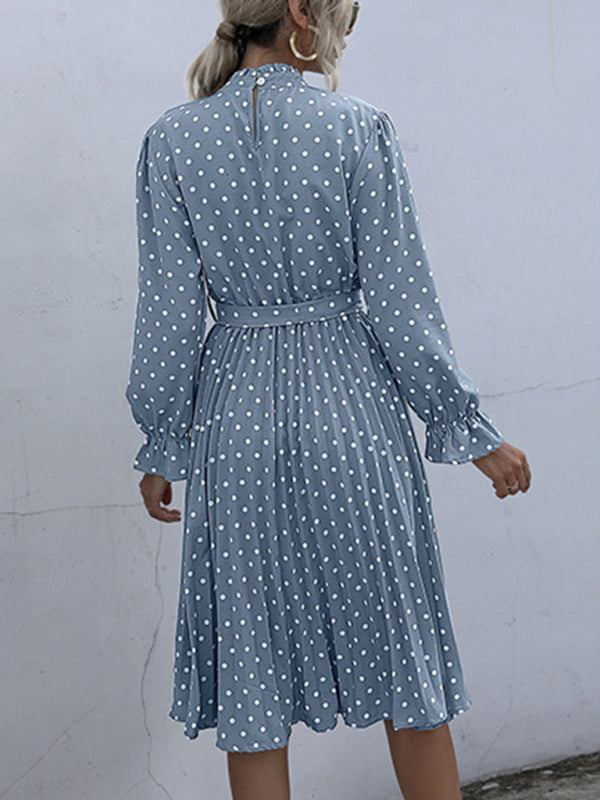 Polka Dot Pleated Turtleneck Dress with Long Sleeves Group3 MyDresses