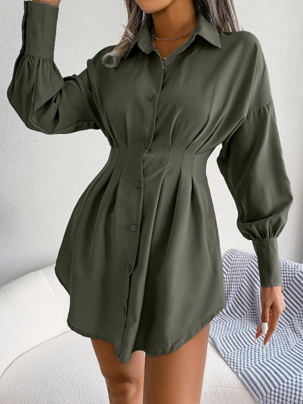 Lantern Sleeve Shirt Dress with Asymmetric Hem and Cinched Waist Mini Dresses MyDresses 