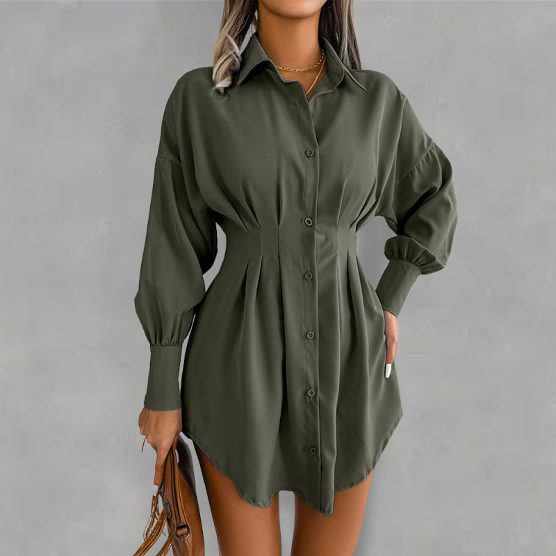 Lantern Sleeve Shirt Dress with Asymmetric Hem and Cinched Waist Mini Dresses MyDresses Olive Green 8 | S 