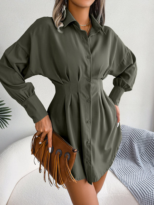 Lantern Sleeve Shirt Dress with Asymmetric Hem and Cinched Waist Mini Dresses MyDresses 