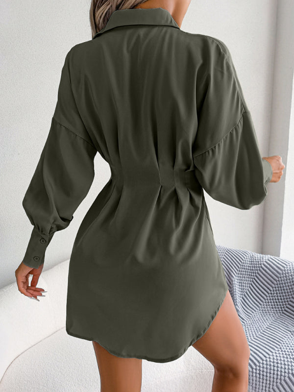 Lantern Sleeve Shirt Dress with Asymmetric Hem and Cinched Waist Mini Dresses MyDresses 