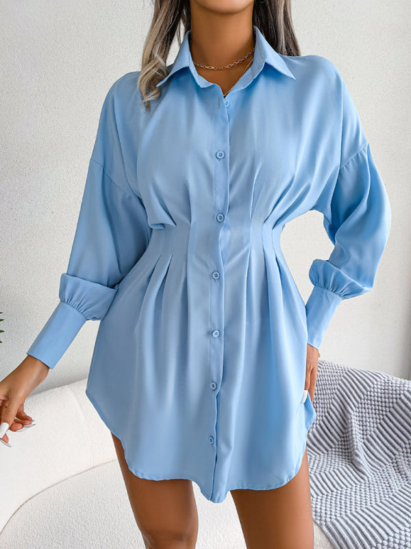 Lantern Sleeve Shirt Dress with Asymmetric Hem and Cinched Waist Mini Dresses MyDresses Blue 8 | S 