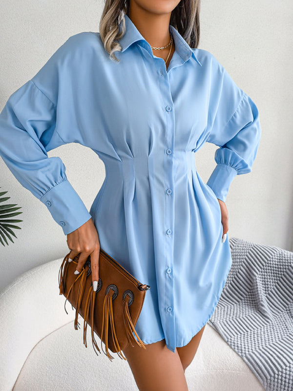 Lantern Sleeve Shirt Dress with Asymmetric Hem and Cinched Waist Mini Dresses MyDresses 