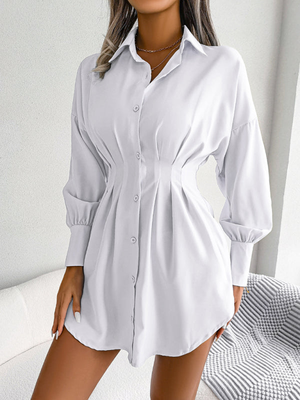 Lantern Sleeve Shirt Dress with Asymmetric Hem and Cinched Waist Mini Dresses MyDresses 