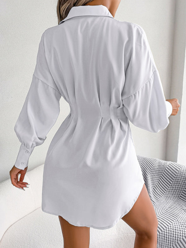 Lantern Sleeve Shirt Dress with Asymmetric Hem and Cinched Waist Mini Dresses MyDresses 