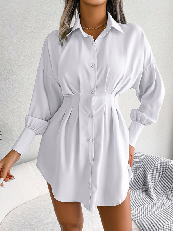 Lantern Sleeve Shirt Dress with Asymmetric Hem and Cinched Waist Mini Dresses MyDresses 