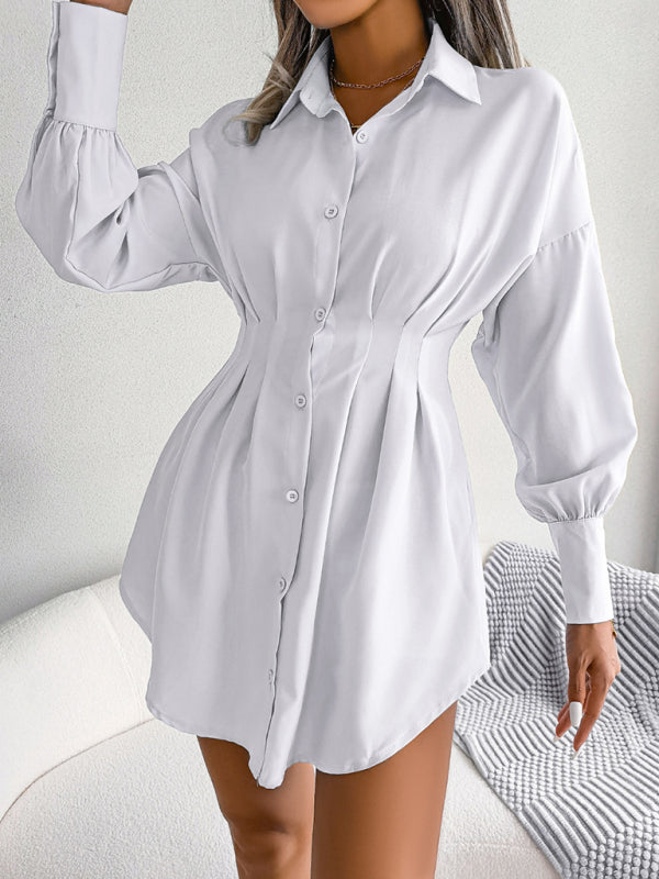 Lantern Sleeve Shirt Dress with Asymmetric Hem and Cinched Waist Mini Dresses MyDresses 