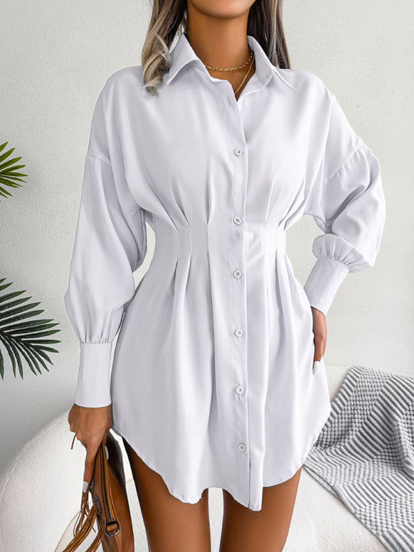 Lantern Sleeve Shirt Dress with Asymmetric Hem and Cinched Waist Mini Dresses MyDresses White 8 | S 