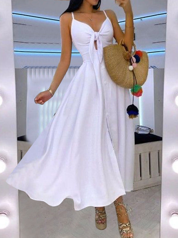 Halter Maxi Dress with Lace-Up Front and Tie-Front Detail Maxi Dresses MyDresses Off White 8 | S 