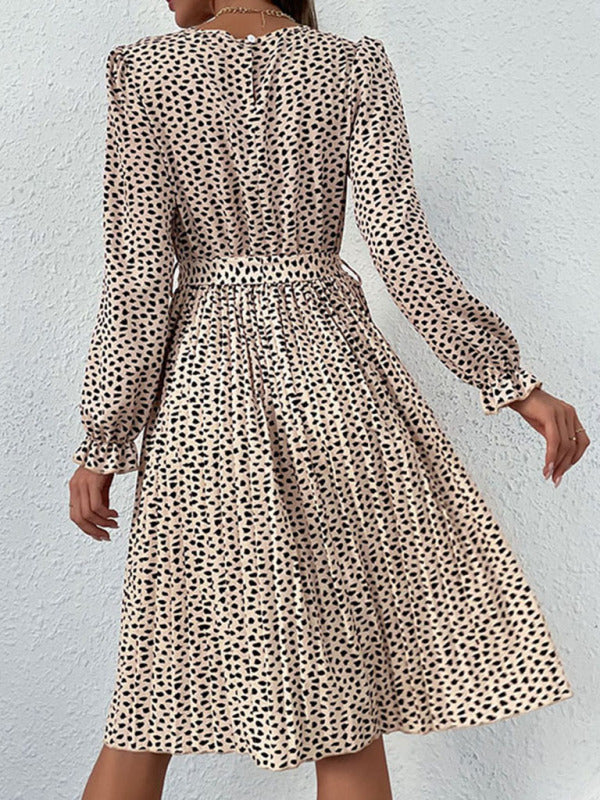 Polka Dot Knee-Length Dress with Long Sleeves and Self-Tie Waist Midi Dresses MyDresses 