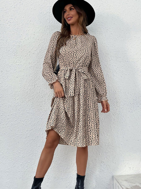 Polka Dot Knee-Length Dress with Long Sleeves and Self-Tie Waist Midi Dresses MyDresses 