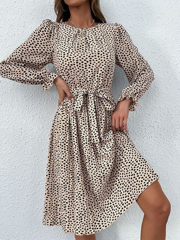 Polka Dot Knee-Length Dress with Long Sleeves and Self-Tie Waist Midi Dresses MyDresses Khaki 8 | S 