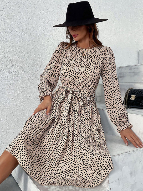 Polka Dot Knee-Length Dress with Long Sleeves and Self-Tie Waist Midi Dresses MyDresses 