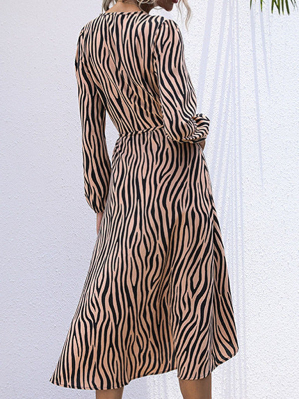 Zebra Print V-Neck Midi Dress with Long Sleeves Group2 MyDresses