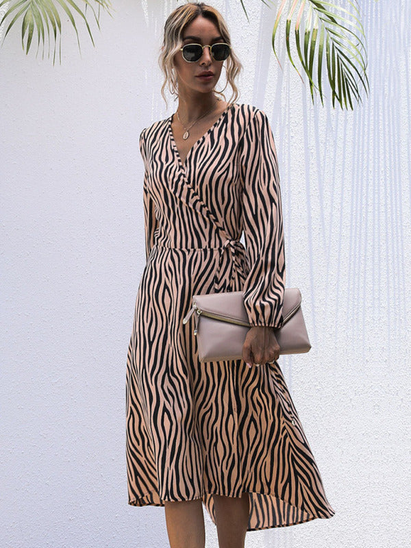 Zebra Print V-Neck Midi Dress with Long Sleeves Group2 MyDresses