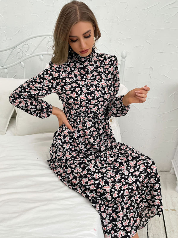 Floral Print Midi Dress with Long Sleeves and High Neck Midi Dresses MyDresses 