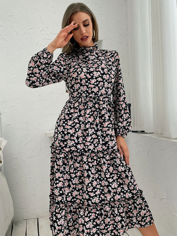 Floral Print Midi Dress with Long Sleeves and High Neck Midi Dresses MyDresses 