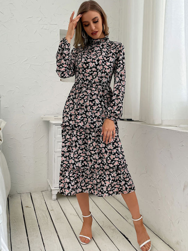 Floral Print Midi Dress with Long Sleeves and High Neck Midi Dresses MyDresses 