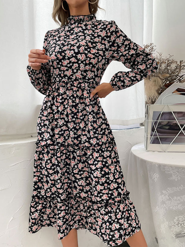 Floral Print Midi Dress with Long Sleeves and High Neck Midi Dresses MyDresses Multicolour 8 | S 