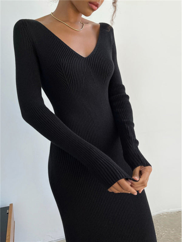 Ribbed Knitted Midi Dress with V-Neck and Long Sleeves Midi Dresses MyDresses Black 8 | S 