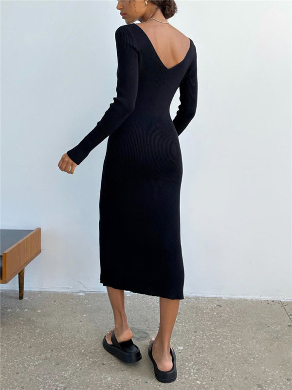 Ribbed Knitted Midi Dress with V-Neck and Long Sleeves Midi Dresses MyDresses 