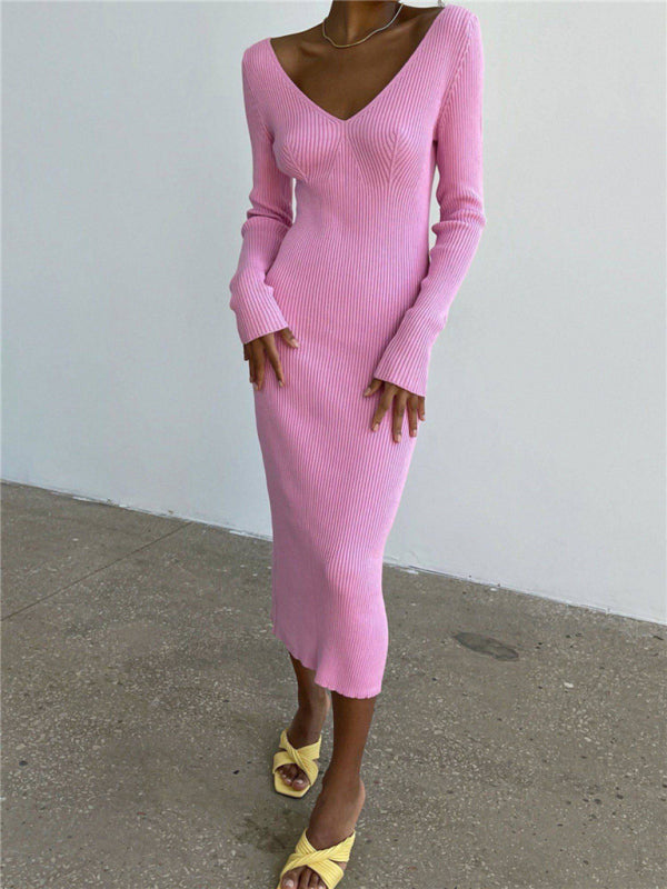 Ribbed Knitted Midi Dress with V-Neck and Long Sleeves Midi Dresses MyDresses Pink 8 | S 