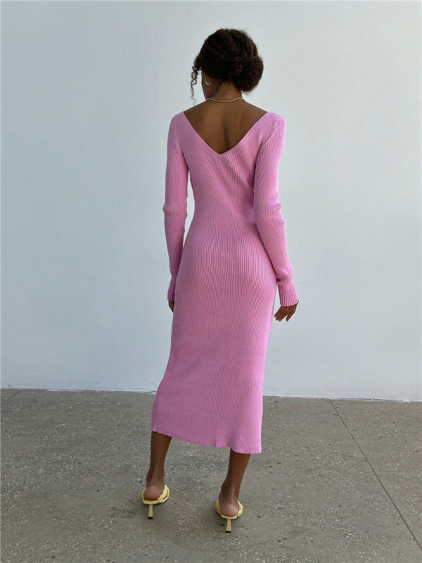 Ribbed Knitted Midi Dress with V-Neck and Long Sleeves Midi Dresses MyDresses 