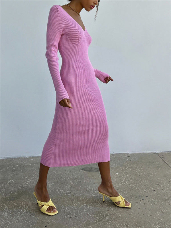 Ribbed Knitted Midi Dress with V-Neck and Long Sleeves Midi Dresses MyDresses 