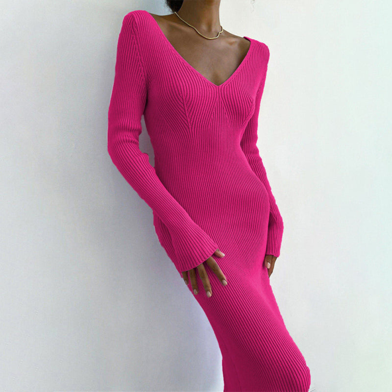 Ribbed Knitted Midi Dress with V-Neck and Long Sleeves Midi Dresses MyDresses Rose 8 | S 