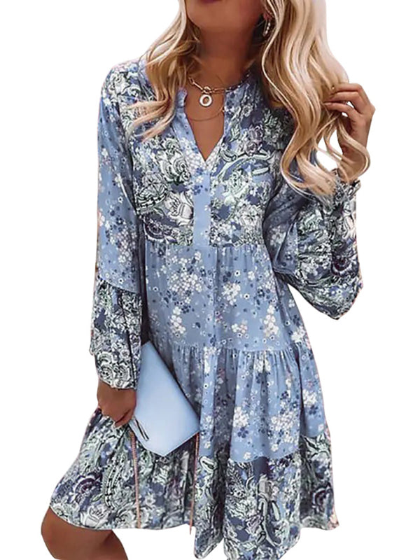 V-neck Mini Dress with Floral Mosaic Print and Cropped Sleeves Mini Dresses MyDresses Blue 8 | S 