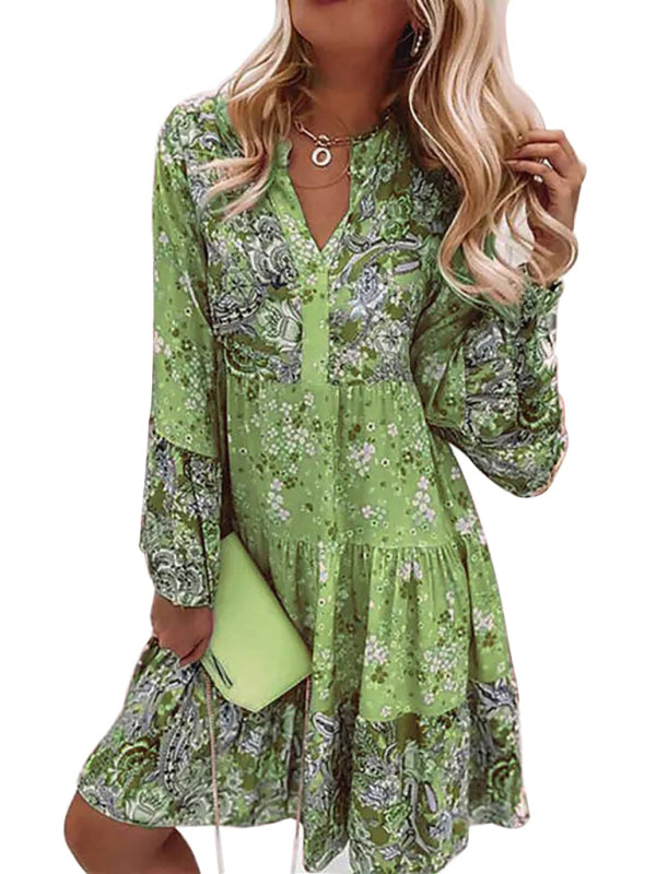 V-neck Mini Dress with Floral Mosaic Print and Cropped Sleeves Mini Dresses MyDresses Green 8 | S 