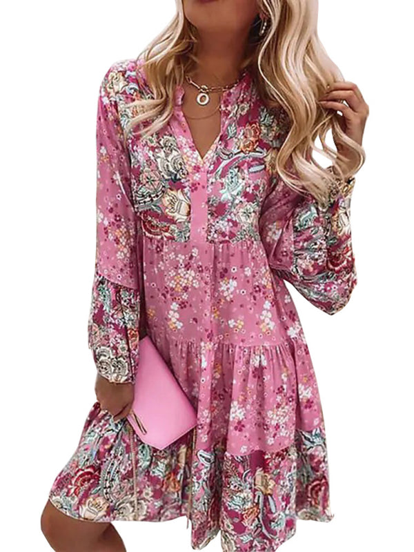 V-neck Mini Dress with Floral Mosaic Print and Cropped Sleeves Mini Dresses MyDresses Pink 8 | S 