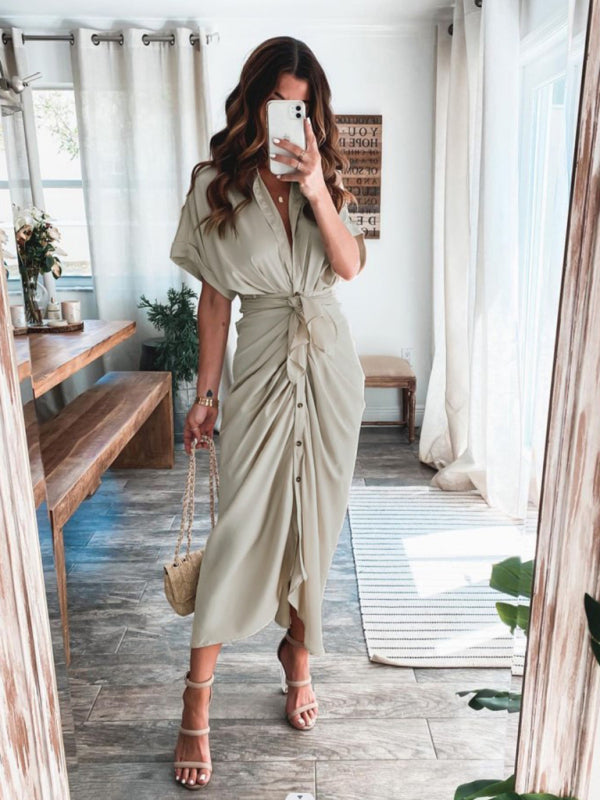 Pleated Maxi Shirt Dress with Button-Down Front and Waist Tie Maxi Dresses MyDresses Khaki 8 | S 