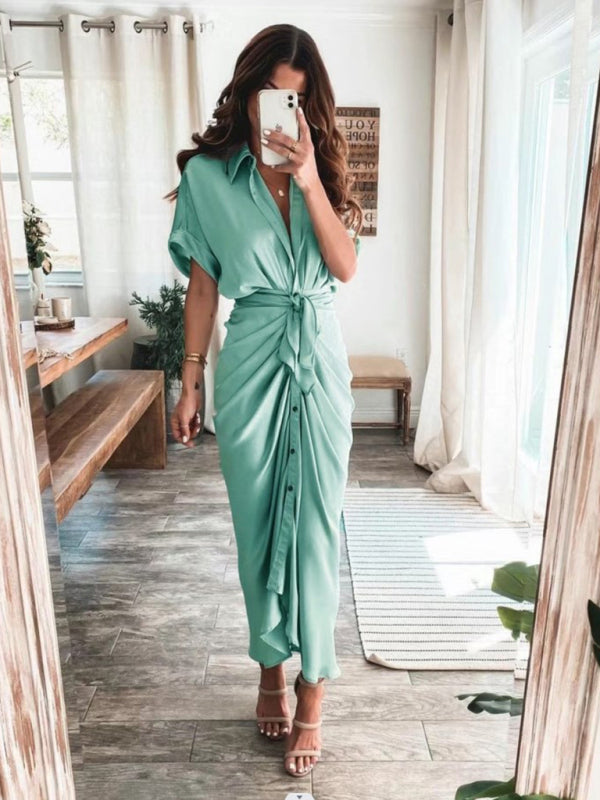 Pleated Maxi Shirt Dress with Button-Down Front and Waist Tie Maxi Dresses MyDresses Light Green 8 | S 