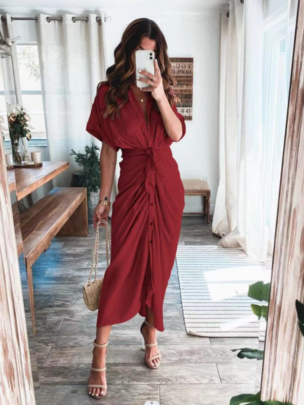 Pleated Maxi Shirt Dress with Button-Down Front and Waist Tie Maxi Dresses MyDresses Red 8 | S 