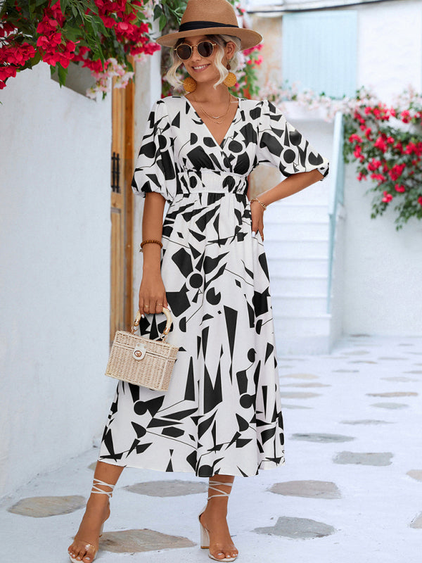 Geometric Print Midi Dress with Puff Sleeves and V-Neck Midi Dresses MyDresses 