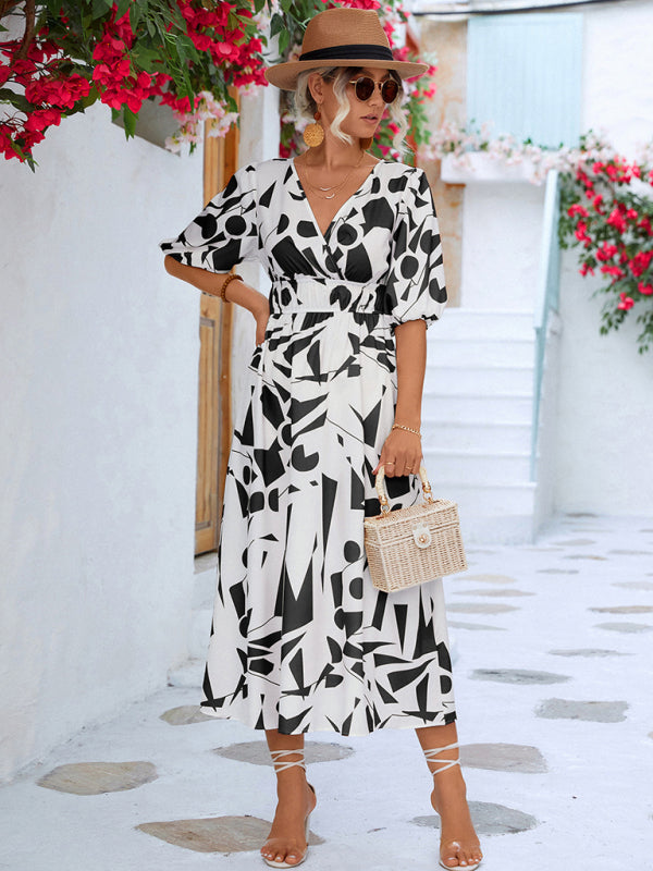 Geometric Print Midi Dress with Puff Sleeves and V-Neck Midi Dresses MyDresses 