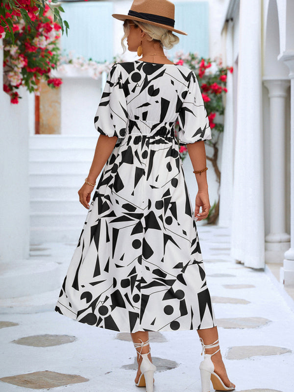 Geometric Print Midi Dress with Puff Sleeves and V-Neck Midi Dresses MyDresses 