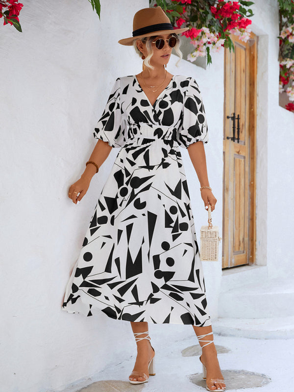 Geometric Print Midi Dress with Puff Sleeves and V-Neck Midi Dresses MyDresses White 8 | S 