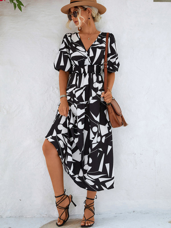 Geometric Print Midi Dress with Puff Sleeves and V-Neck Midi Dresses MyDresses 