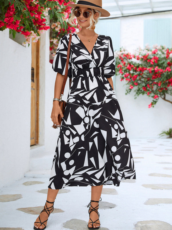 Geometric Print Midi Dress with Puff Sleeves and V-Neck Midi Dresses MyDresses Black 8 | S 