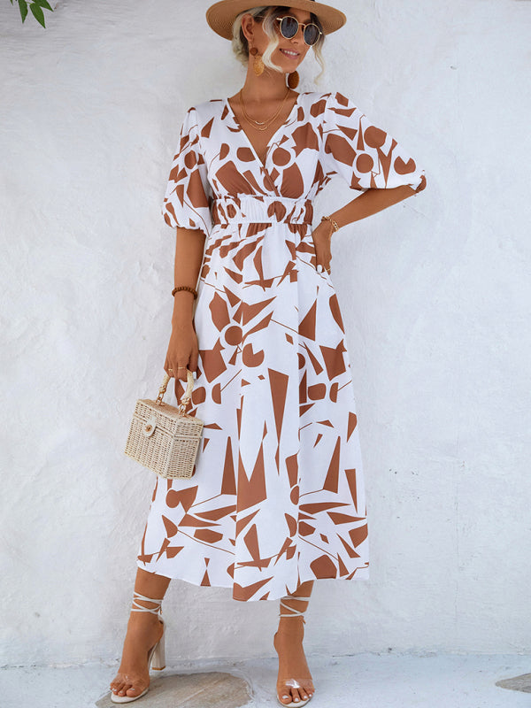 Geometric Print Midi Dress with Puff Sleeves and V-Neck Midi Dresses MyDresses Orange 8 | S 